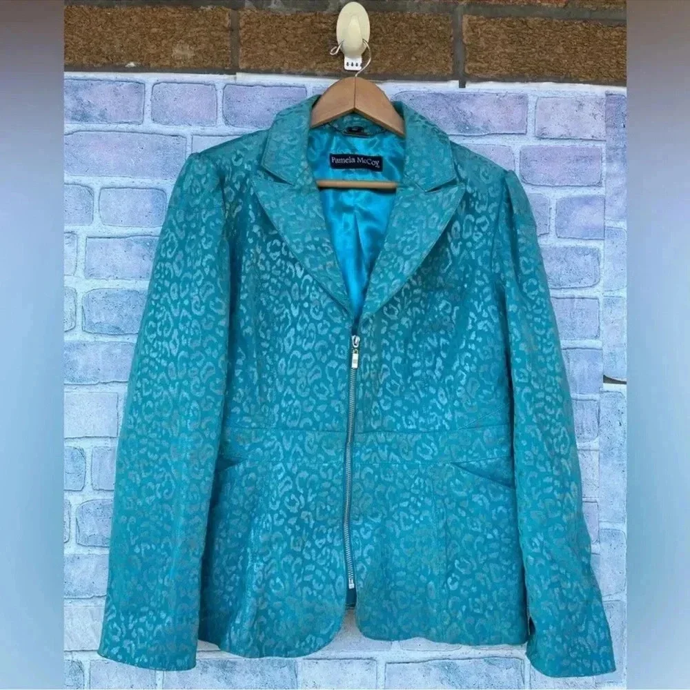 Pamela McCoy Turquoise Cheetah Leopard Print 100% Leather Full Zip Jacket medium